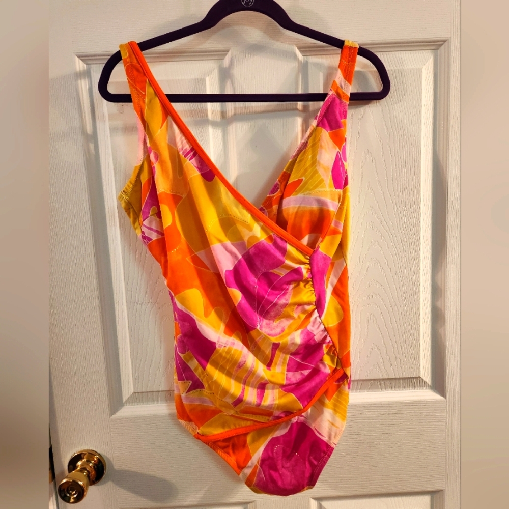 Limoncella by Tara Grinna, vibrant Pink and Orange Swimsuit, sz 16